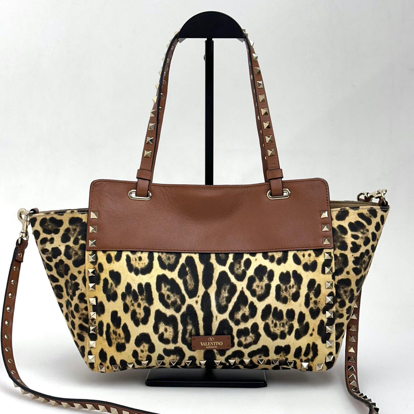 Valentino Garavani Borsa Rockstud Medium Leopard Canvas e Pelle con Tracolla