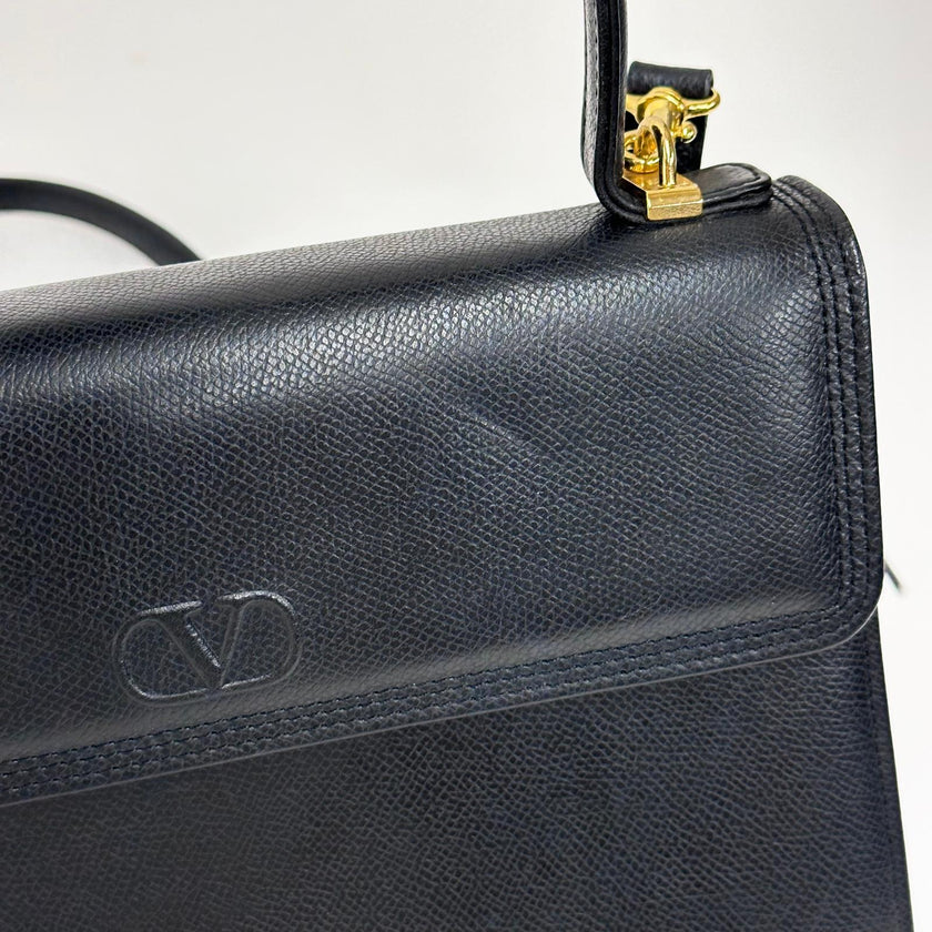 Valentino Garavani Borsa a Mano e Tracolla Pelle Martellata Nera Vintage Anni '80/'90