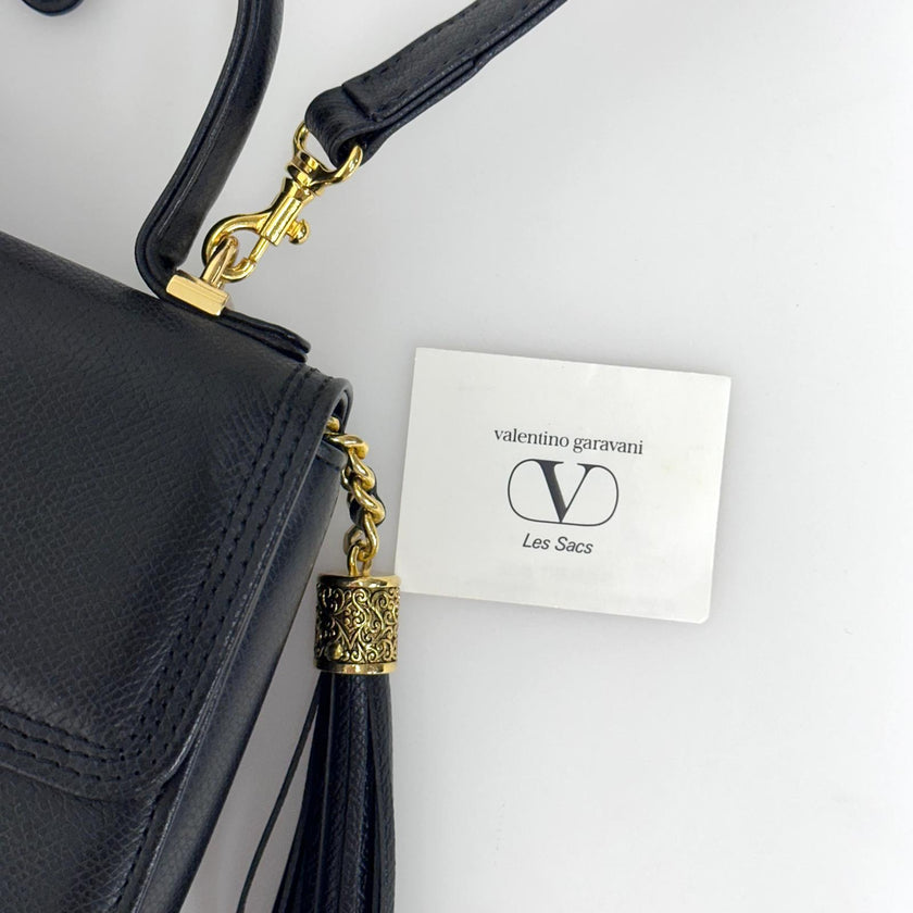 Valentino Garavani Borsa a Mano e Tracolla Pelle Martellata Nera Vintage Anni '80/'90
