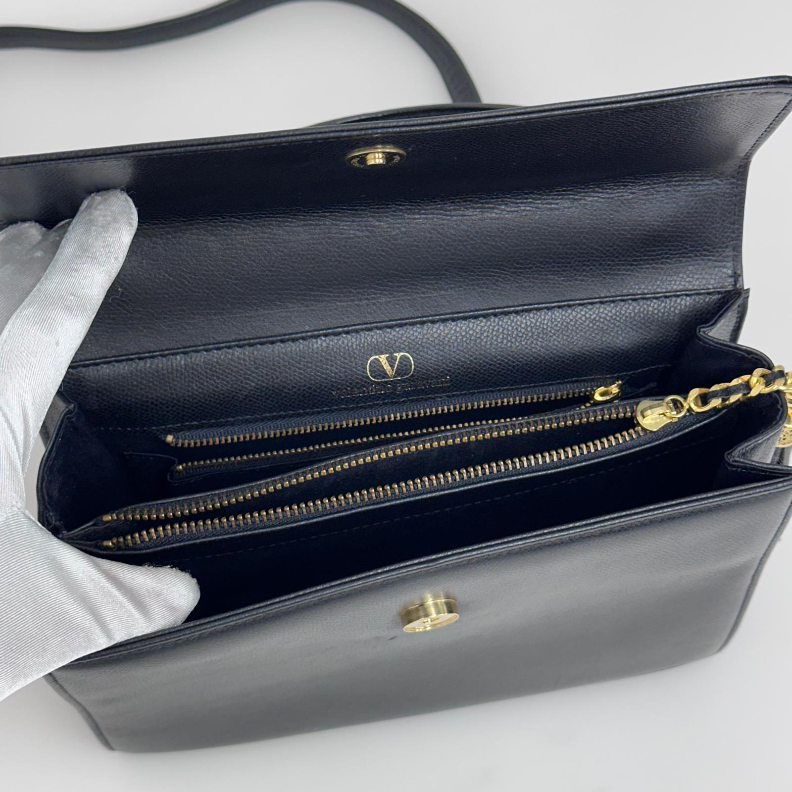 Valentino Garavani Borsa a Mano e Tracolla Pelle Martellata Nera Vintage Anni '80/'90