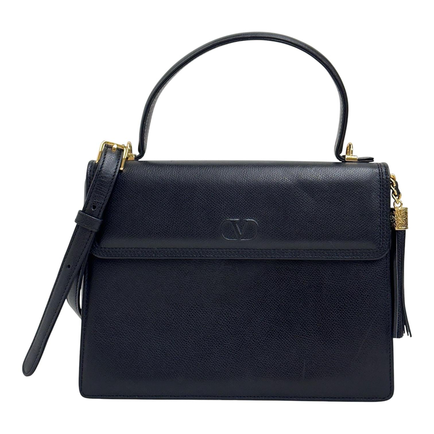 Valentino Garavani Borsa a Mano e Tracolla Pelle Martellata Nera Vintage Anni '80/'90