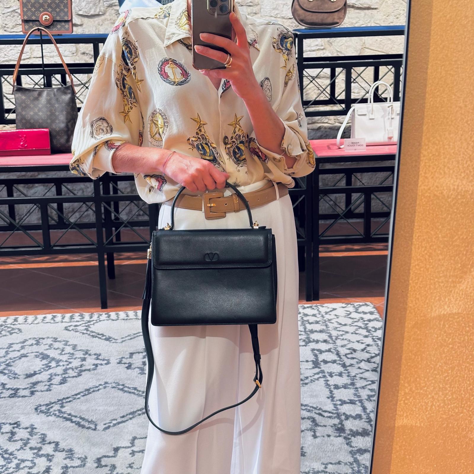 Valentino Garavani Borsa a Mano e Tracolla Pelle Martellata Nera Vintage Anni '80/'90