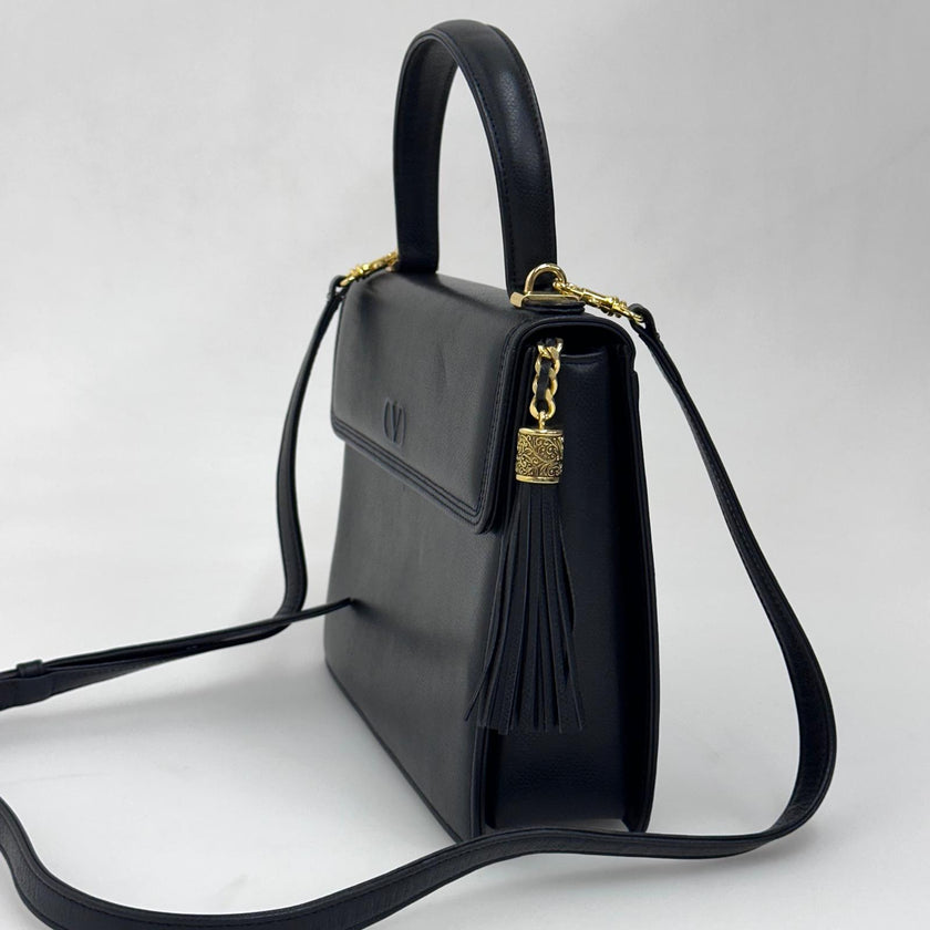 Valentino Garavani Borsa a Mano e Tracolla Pelle Martellata Nera Vintage Anni '80/'90