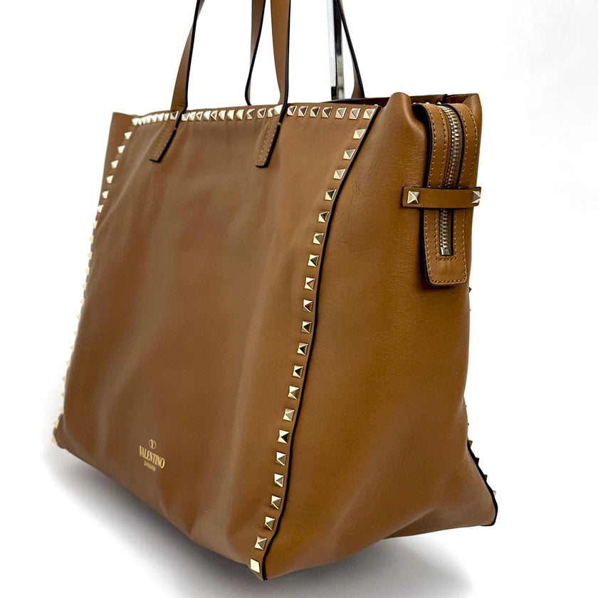 Valentino Rockstud Shopping Bag in Pelle Biscotto con Borchie